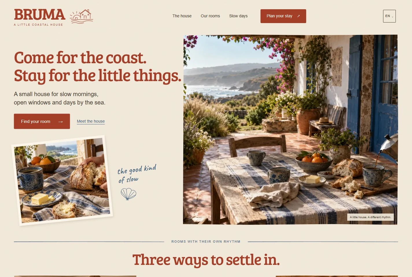 BRUMA craft website: clay-red typography, blue coastal drawings and an inviting breakfast table beside faded blue shutters