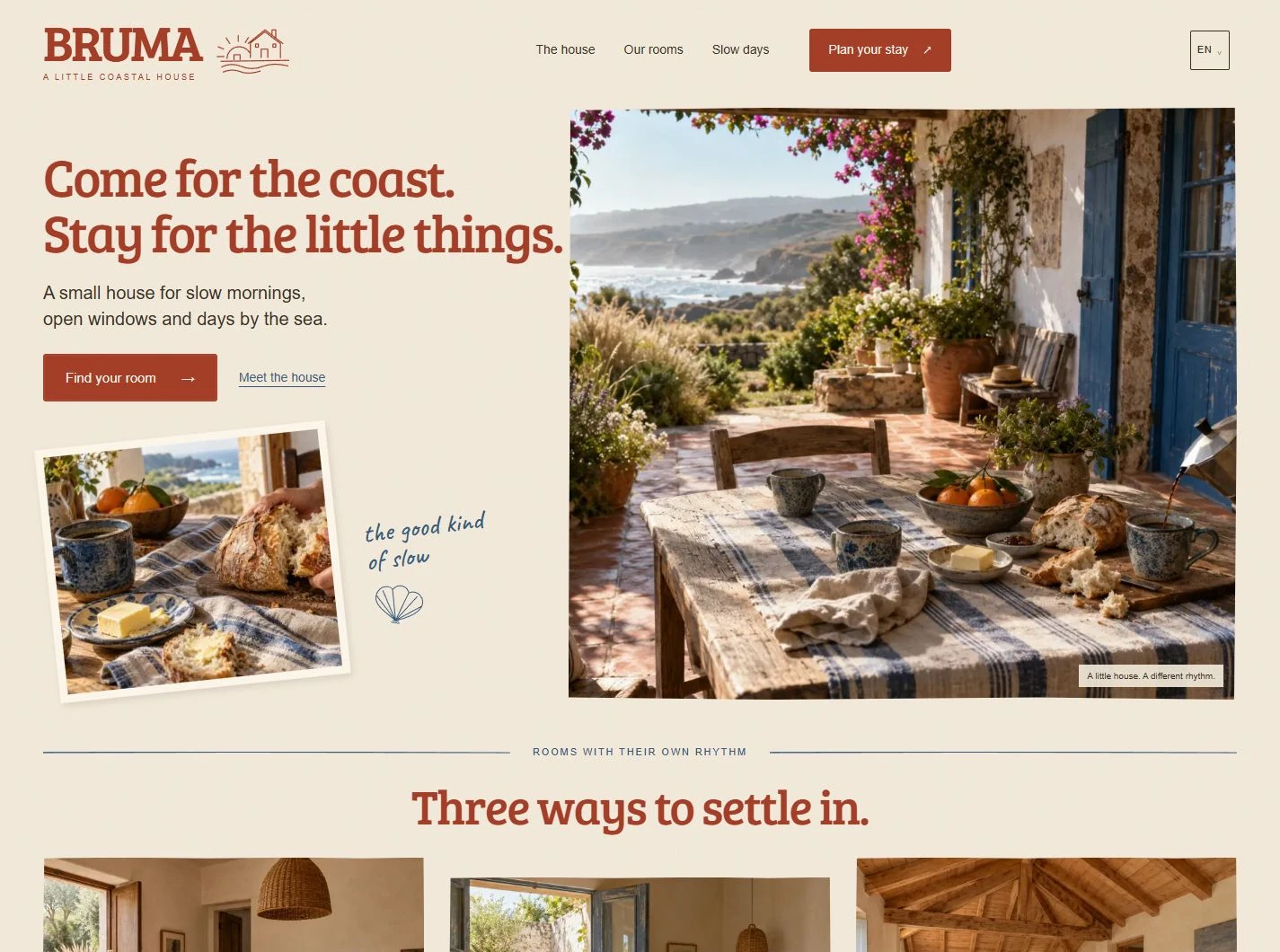 BRUMA craft website: clay-red typography, blue coastal drawings and an inviting breakfast table beside faded blue shutters