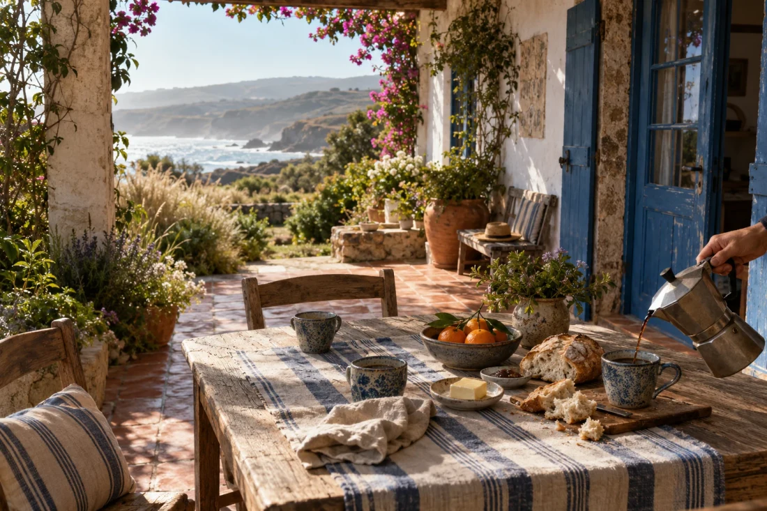 Blue Shutter Days guesthouse website with a breakfast table beside blue shutters.