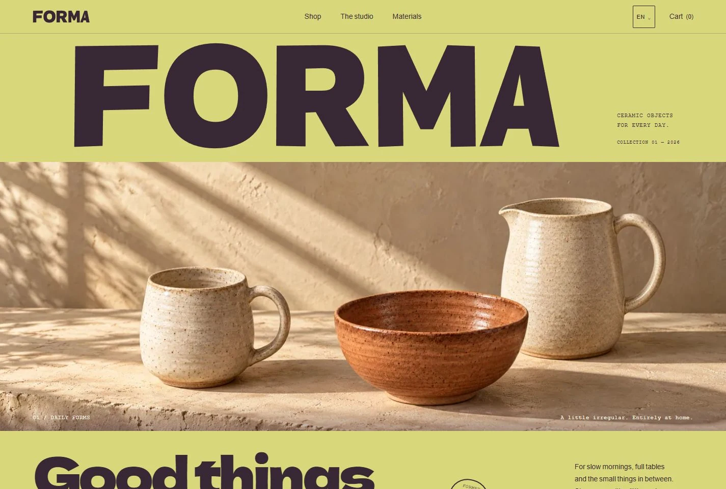 FORMA ceramics store: a bold plum wordmark, quince-yellow canvas and sunlit Oat and Clay stoneware.