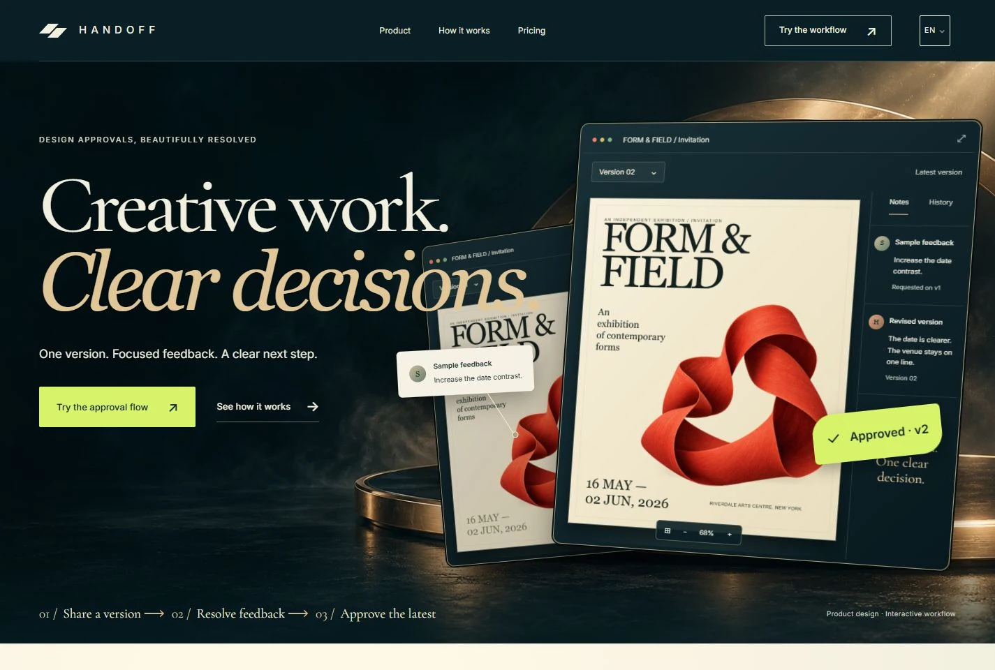 HANDOFF: expressive typography, a brass arc and layered artwork review windows on a deep petrol background