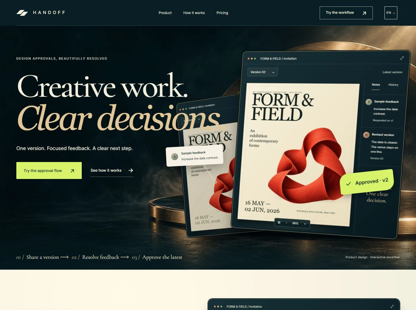 HANDOFF: expressive typography, a brass arc and layered artwork review windows on a deep petrol background