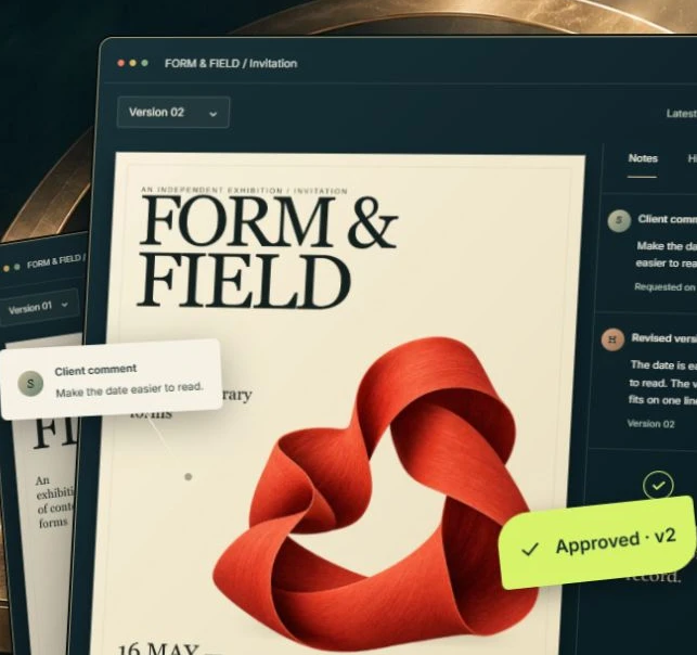 One More Look: expressive typography, a brass arc and layered artwork review windows on a deep petrol background