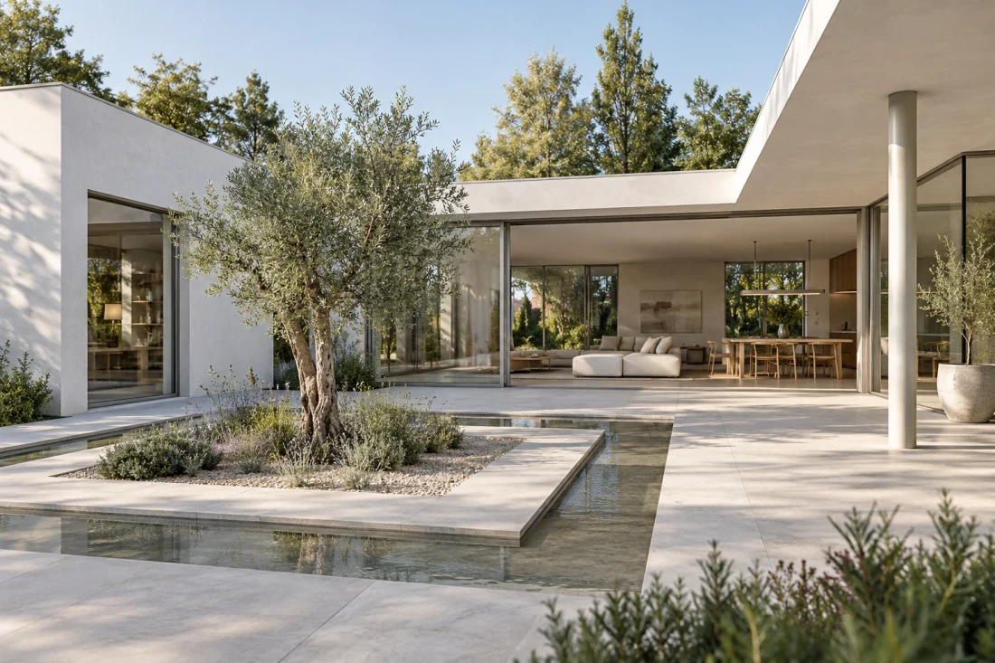 Linden Room architecture portfolio: monumental typography over a sunlit limestone interior with a planted courtyard and curved stair