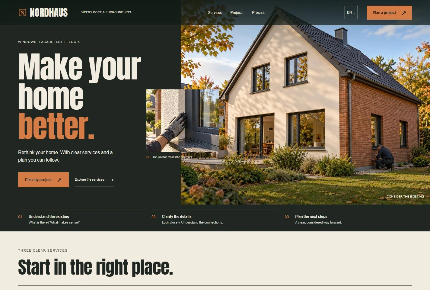 NORDHAUS renovation website: monumental condensed typography, graphite and copper, an existing brick-and-render home and an overlapping window detail