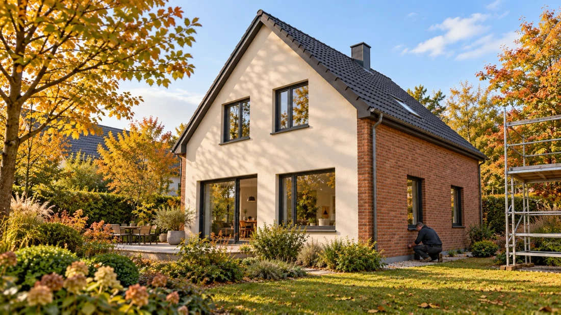 Hausweiter renovation website with a brick house and a close-up of a window.