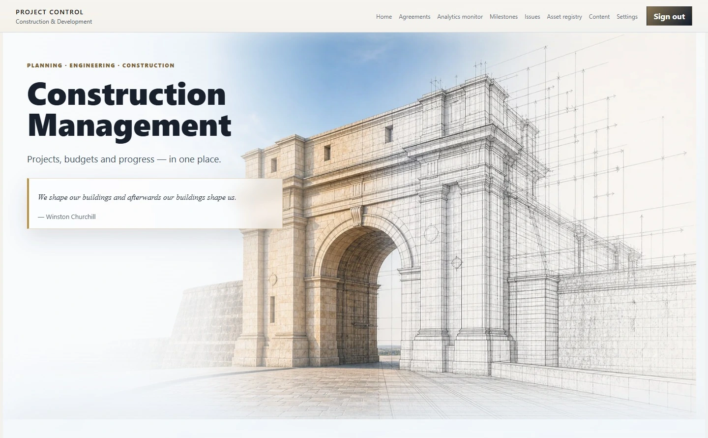 Architectural arch transitioning from warm stonework into a technical drawing.