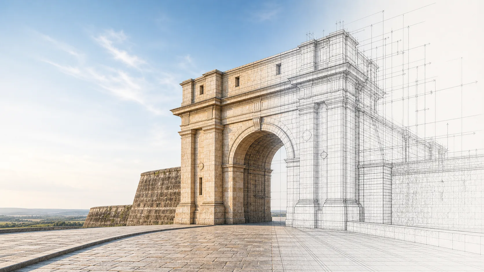 Architectural arch transitioning from warm stonework into a technical drawing.