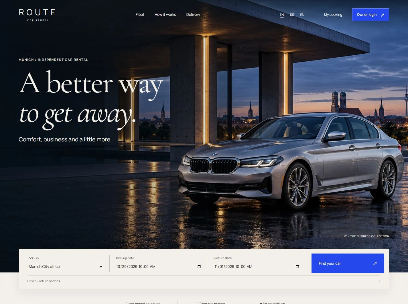 ROUTE car rental website: a silver sedan in a lit architectural pavilion, editorial serif typography and cobalt-blue booking controls