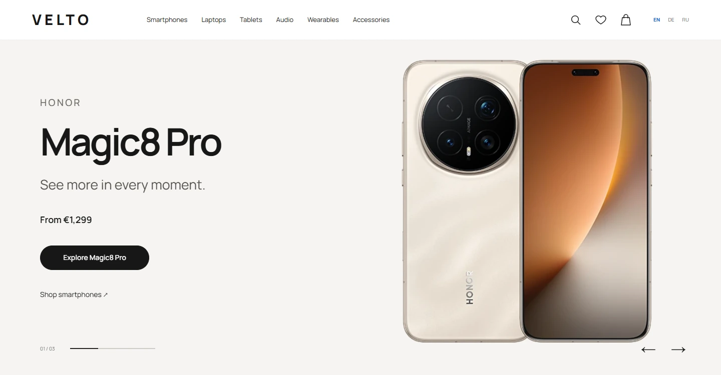 VELTO electronics store: spacious warm-white layout, black typography and a large gold HONOR Magic8 Pro on the first screen.